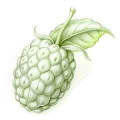 A detailed pencil illustration of a single. ripe mulberry with a green leaf.