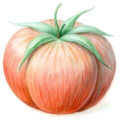 A hand drawn illustration of a plump. red tomato. captured in a realistic style with detailed shading.