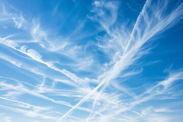 Naklejka premium Blue sky with condensation trails from airplanes