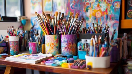 A creative workspace filled with colorful art supplies and inspirational quotes, reflecting a vibrant environment that fosters imagination and innovation.
