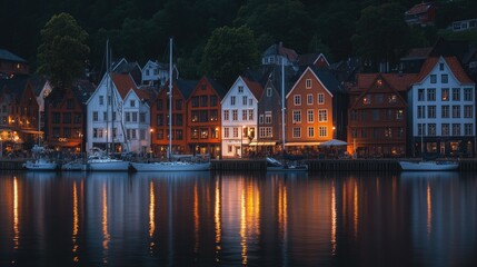 Fototapeta premium Twilight settles over Bryggen harbor in Bergen, Norway, with historic waterfront buildings bathed in soft evening light and boats docked along the shore