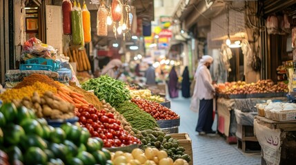 Vibrant Saudi Arabian food market with vendors selling fresh produce, spices, and local delicacies.