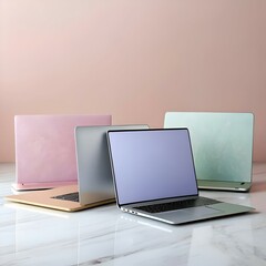 A modern and stylish arrangement of four laptops on a white marble surface with a pastel pink background.