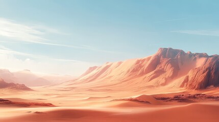 Naklejka premium A dramatic desert landscape with sweeping sand dunes and a clear sky, showcasing the stark and beautiful contrasts of arid natural environments.