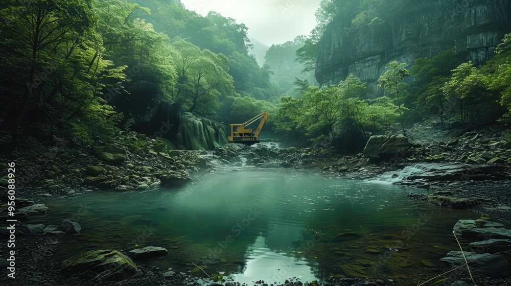 Poster Intense jade extraction deep within verdant forests sharp tools uncovering rich green stones with modern machinery. Generative AI.
