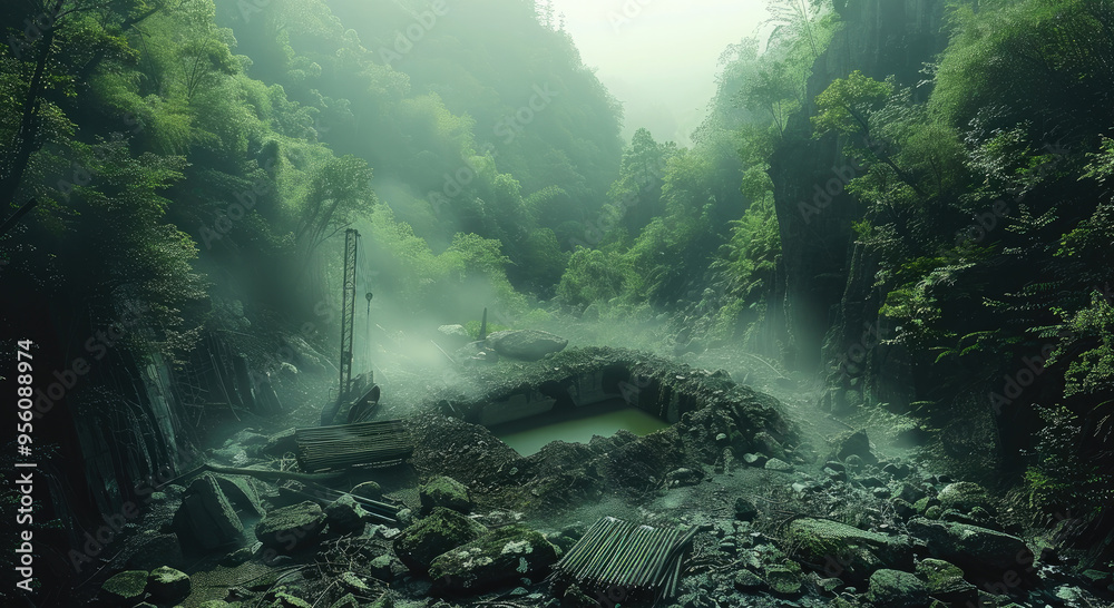 Poster Intense jade extraction deep within verdant forests sharp tools uncovering rich green stones with modern machinery. Generative AI.