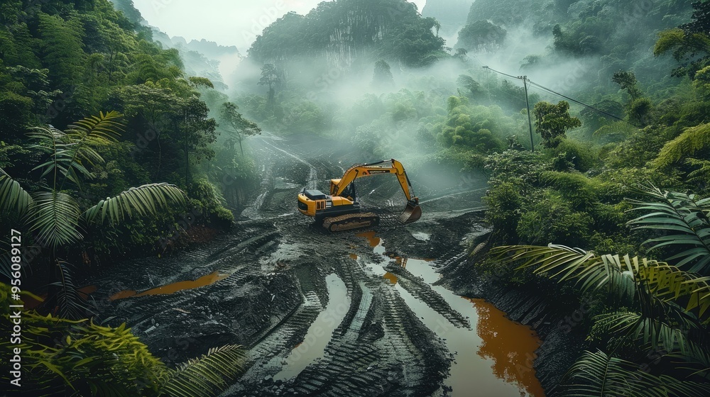 Poster Intense jade extraction deep within verdant forests sharp tools uncovering rich green stones with modern machinery. Generative AI.