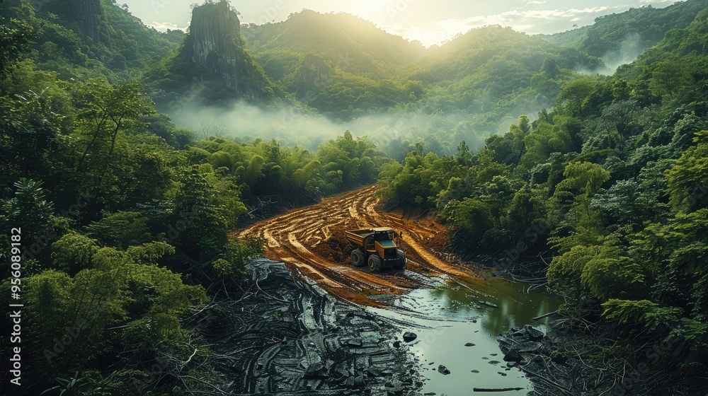 Poster Intense jade extraction deep within verdant forests sharp tools uncovering rich green stones with modern machinery. Generative AI.
