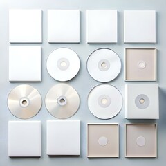 A minimalist. modern design featuring a variety of blank templates. including square frames. CDs. and canvases.