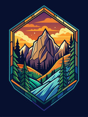 Mountain Landscape with Sunset and Clouds in a Hexagon Frame