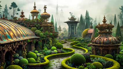 Fototapeta premium A surreal and beautiful-style painting of an endless botanical garden with misty ancient lichen and moss-covered architecture.