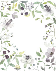 Floral vertical frame with delicate abstract green plants and purple flowers, watercolor isolated illustration for your text, cover, banner or template floral card. 