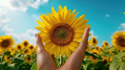 Fototapeta premium Closeup of a Hand Touching a Sunflower in a Field
