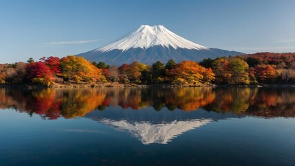 Obraz premium Colorful Autumn Season and Mountain Fuji with morning fog and red leaves at lake Kawaguchiko is one of the best places in Japan.