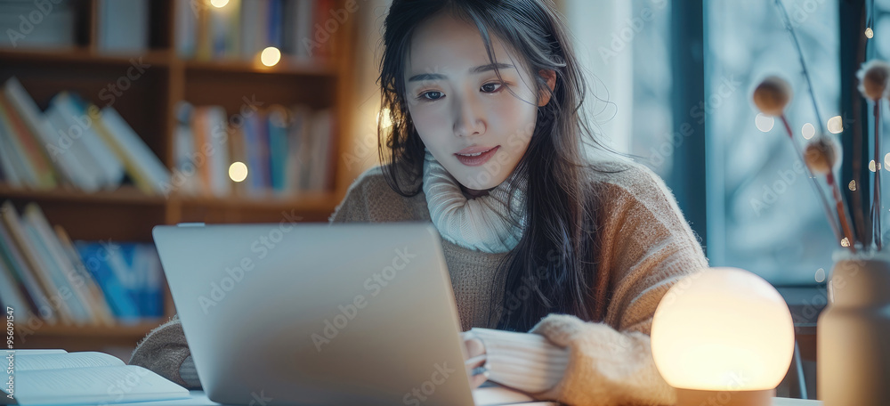 Leinwandbilder a chinese female student is studying and taking notes on a study desk. there is a laptop playing a s