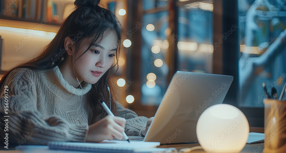 Leinwandbilder a chinese female student is studying and taking notes on a study desk. there is a laptop playing a s