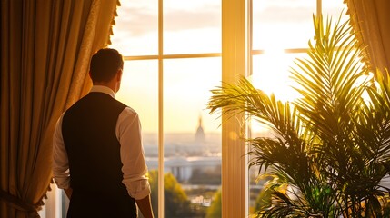 Housekeeper cleaning a window in a luxurious hotel room, with a tropical paradise outside