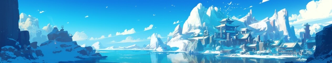 Naklejka premium Enchanting Yichun Winter Wonderland: Anime-Style Illustration of Rime-Covered Landscapes and Stone Forests. Versatile Design for Tourism Marketing, Home Decor, and NFT Art. Vibrant yet Gentle Colors C