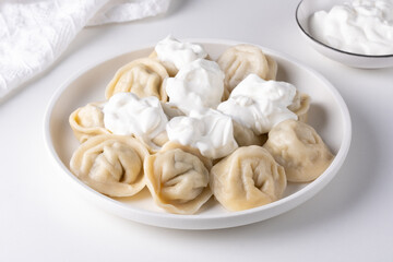 Traditional pelmeni, ravioli, dumplings filled with meat on plate, russian kitchen