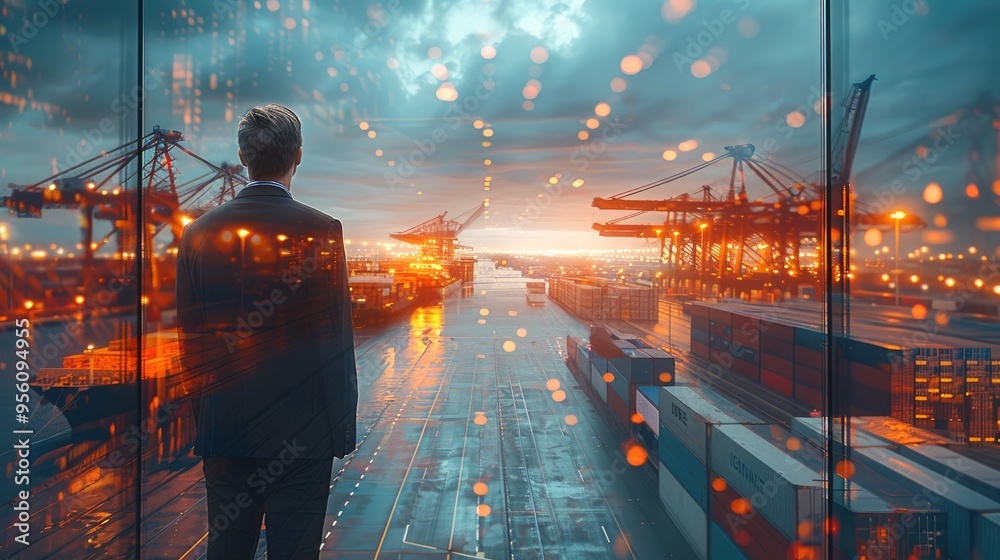 Poster double exposure businessman implements automated customs clearance to speed up international trade p