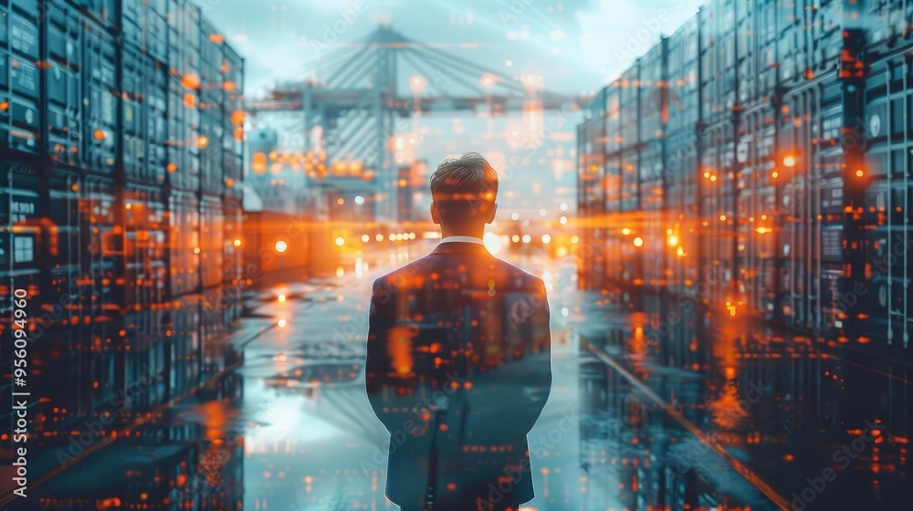 Poster double exposure businessman implements automated customs clearance to speed up international trade p