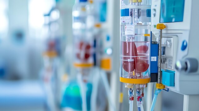 Close-up of a medical dialysis machine with tubing and filters.