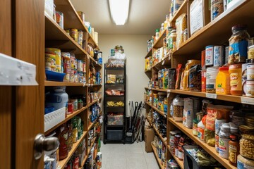 A pantry filled with various food items and storage containers.