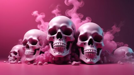 Skulls and smoke on abstract pink backdrop.