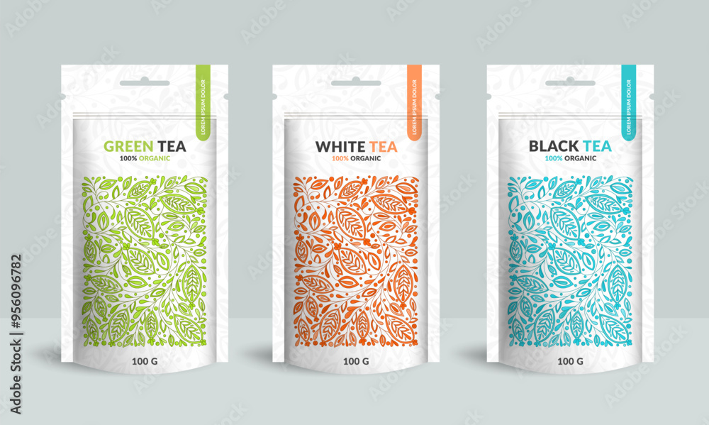 Wall mural tea packaging design with zip pouch bag mockup. vector ornament template. elegant, classic elements.