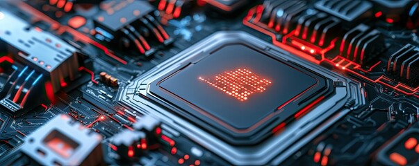 Close-up of a high-tech microprocessor on a circuit board, featuring intricate details and vibrant red lighting effects.