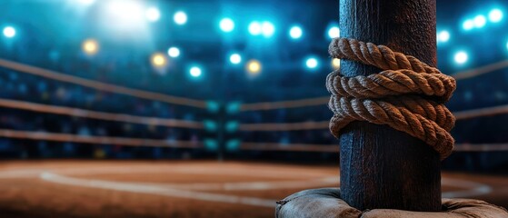 A dramatic view of a boxing ring post surrounded by ropes and bright lights, capturing the essence of competitive sports.
