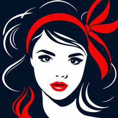 Silhouette of a Beautiful Woman with Red Lips and Red Ribbon in Black Hair on a Black Background (Vector Image)