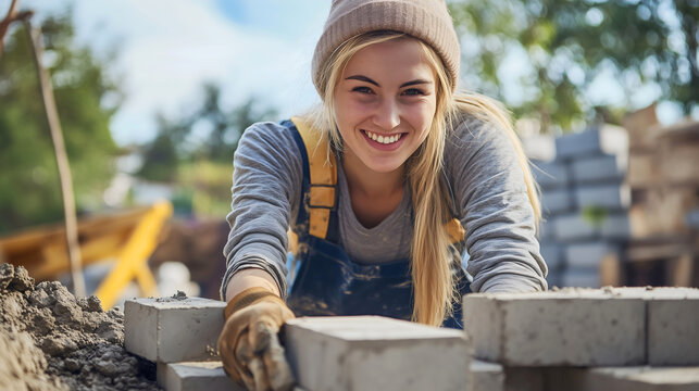 Cheerful female bricklayer or mason happy smiling Caucasian young woman building a wall or architectural building with bricks and cement industry construction worker working with stone blocks outdoors