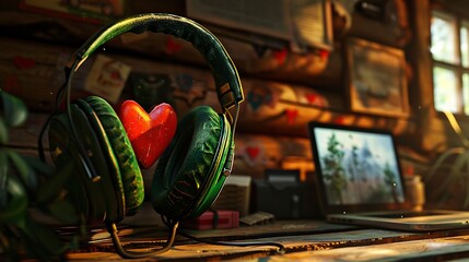In a warm cabin green headphones with a crimson heart