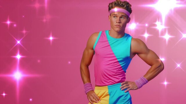 Retro 80s Style Male Aerobics Model Wearing Bright Colorful Fitness Clothing and a Starburst Effect