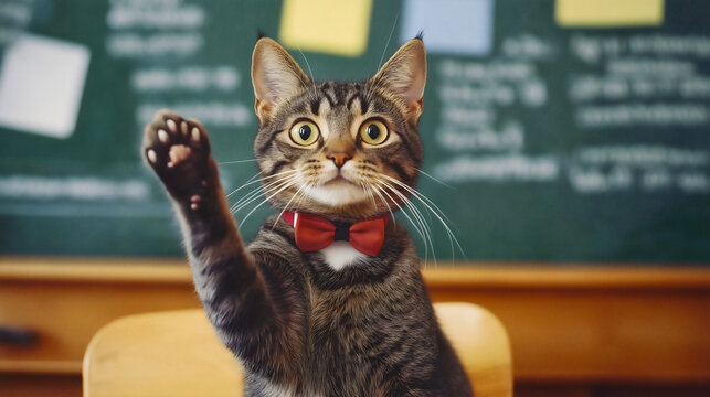 Smart clever tabby cat in a classroom raising its paw to ask a question during a lesson, intelligent domestic pet, cute kitty as a student or pupil in school, education and learning college, knowledge