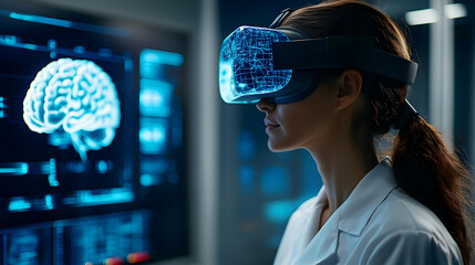 Female Scientist Using VR Headset to Study Brain Anatomy