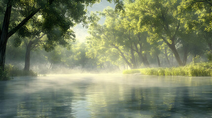 Fototapeta premium Misty River Morning Serene Forest Stream with Sunlight Filtering Through Trees
