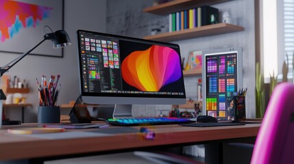 Modern graphic designer desk with computer displaying colorful digital art software, creative design tools and color palette in an cozy office setting