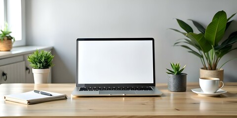 A clean and minimalist workspace with a laptop. notebook. pen. coffee cup. and potted plants.
