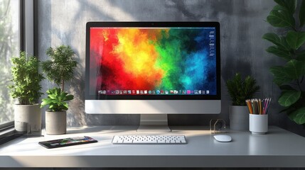 Modern graphic designer desk with computer displaying colorful digital art software, creative design tools and color palette in an cozy office setting