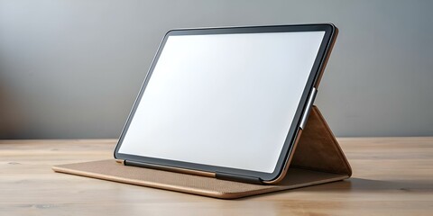 A modern tablet with a sleek case. positioned on a wooden desk with a blank screen for your design.