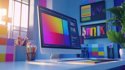 Modern graphic designer desk with computer displaying colorful digital art software, creative design tools and color palette in an cozy office setting