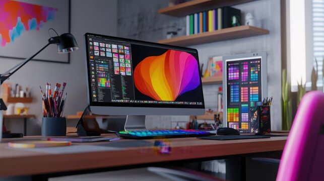 Modern graphic designer desk with computer displaying colorful digital art software, creative design tools and color palette in an cozy office setting