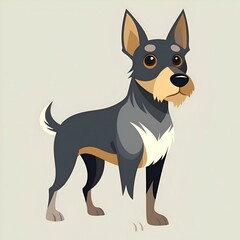 A friendly. cartoon style illustration of a black and tan dog with a white chest patch.