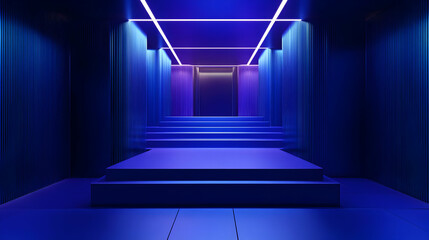 Blue Neon Lights Hallway With Stairs and Platform
