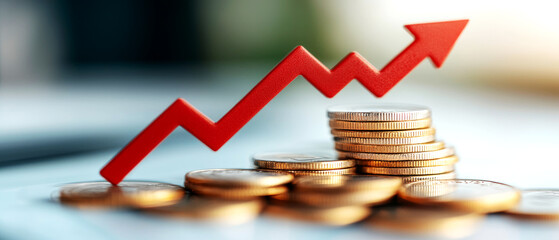 Stack of coins with a red downward arrow, illustrating the effect of falling interest rates on savings