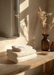 stack of towels in interior with soft warm light from window in neutral tones. copy space. bathroom, spa, wellness space, elegance and comfort concept