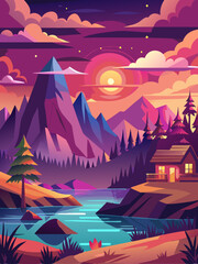 A Cabin Nestled in a Mountain Valley at Sunset