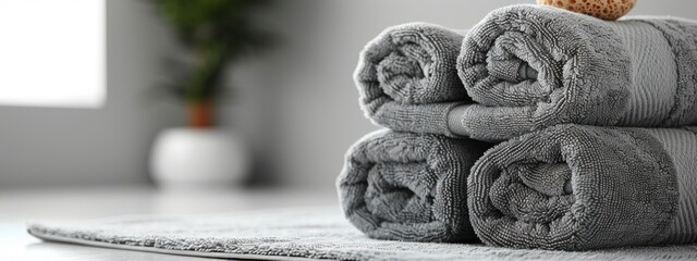 stack of texture towels on grey background. copy space. spa and wellness environments, promoting relaxation and hygiene. banner